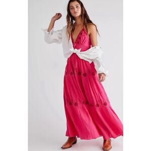 Free People L pink embroidered real love maxi dress